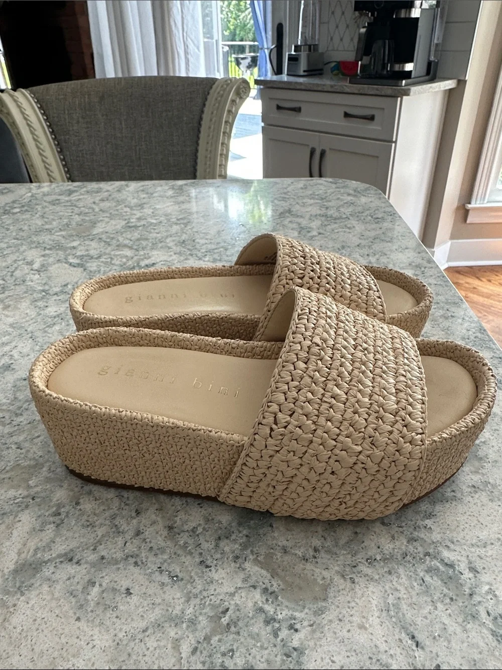 Gianni Bini Woven Raffia Platform Slide Sandals in Beige